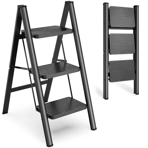 HBTower Step Ladder 3 Step Folding, Folding Step Stool for Adults, Closet Step Stool Lightweight Kitchen Ladder 3 Step Ladder with Anti-Slip Wide Pedals by HBTower - Used condition - US$35.75