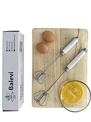 Balevi Stainless Steel Push Whisk - Easy To Use Manual Hand Mixer & Plunger Whisk - Make Froth, Foam & Whipped Cream - Semi Auto Egg Beater Plastic Tip Won’t Scratch Pans (2 Pack 10In & 12In) White #TOP2