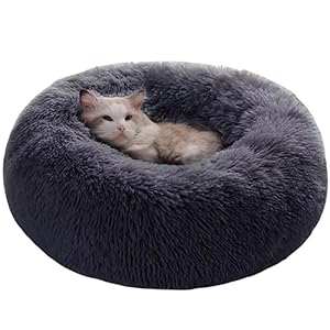 MEHONGCAN Calming Small Dog Cat Bed,Anti-Anxiety Round Pet Bed,Machine Washable Fluffy Luxury with Slip-Resistant Bottom for Small Medium Dogs Cats. (S 20″ Lx20 Wx6 H, Dark Grey)