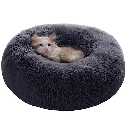 MEHONGCAN Calming Small Dog Cat Bed,Anti-Anxiety Round Pet Bed,Machine Washable Fluffy Luxury with Slip-Resistant Bottom for Small Medium Dogs Cats. (S 20″ Lx20 Wx6 H, Dark Grey)