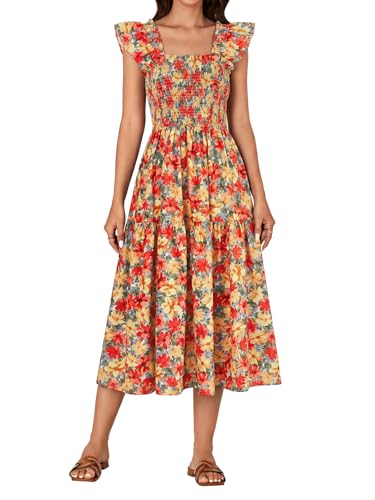 Image of Rooscier Women's A Line Smocked Midi Dress | Summer Sleeveless Square Neck Casual Sundress