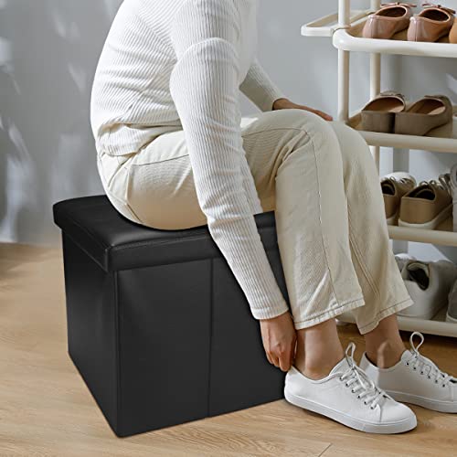 Eylaem Ottoman With Storage, 15 Inches Footrest Stool Cube Boxes, Folding Ottomans With Foam Padded Seat, Storage Chest, Coffee Table/Puppy Step, Max Static Load 380 Lbs, Faux Leather Black #TOP2