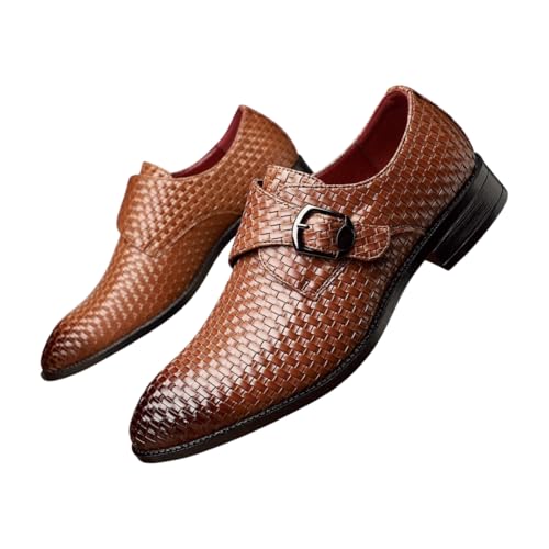 Santimon Men's Woven Leather Monk Strap Dress Shoes Breathable Slip-On Business Buckle Loafers