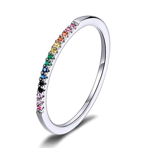 Qings Anillo Mujer Plata de Ley 925, Anillos Simples Anillos Apilables Anillo de Colores Anillos de Arcoiris Anillo de Banda...