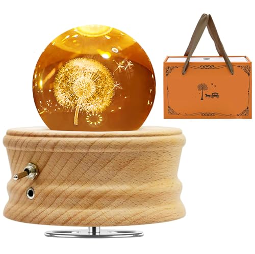 MJKOPEE Carillon con Sfera di Cristallo 3D con Dente di Leone, Carillon in Legno Rotante a 360°,Carillon Legno con Luce Regalo Bambini,Donne per Natale Compleanno San Valentino