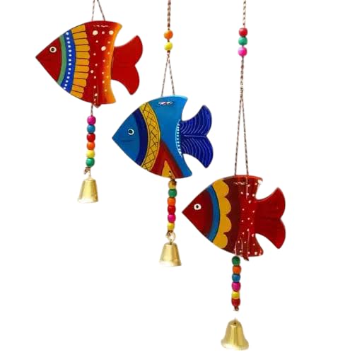 Decorative Fish Wind Chime with Bells, Multicoloured Beaded Hanging, Set of 3 Fish, Traditional Indian Design-image-34