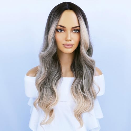 BERON Brown Blonde Wigs Long Wavy Wig for Women Curly Highlights Ombre Color Heat Resistant Synthetic Hair Wigs for Cosplay Party Daily or Used