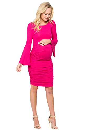 My Bump Women's Maternity Fitted Bell Sleeve Dress W/Ruched (Fuchsia