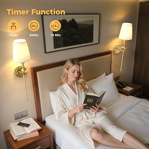 Image of DORESshop Battery Operated Wall Sconce Set of 2, Wireless Wall Light Easy to Install, 7 Color Rechargeable Wall Sconces, Sconce Wall Decor Set of 2 for Bedroom, Living Room, Brass, 24.6in
