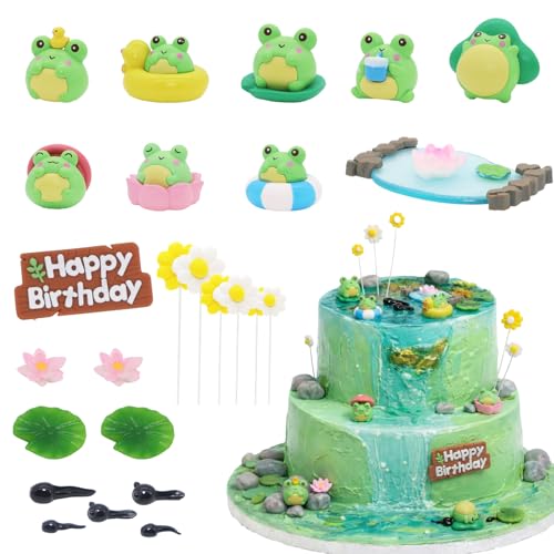 BiBo Cartoon Frog Cake Topper Decorations Set, Include Mini Lotus Flowers Lily Pads Daisy Frog Figurines for Birthday Rainforest Themed Party Favors Supplies.