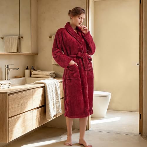 Inner Wish Womens Plush Fleece Robe, Highly Absorbent Cozy Warm Bathrobe Fuzzy Female Spa Robe With Pockets, BURGUNDY, L/XL - image 7