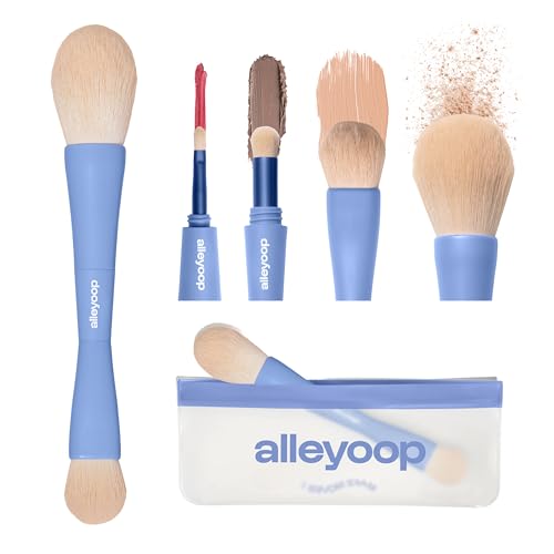Alleyoop Multi-Tasker 4-in-1 Travel Makeup Brush Set – Compact Makeup Brushes with Blending Sponge, Eyeshadow, Eyebrow & Liner, Blush & Bronzer Brush – Mini Makeup Tools Kit for Women, Vegan