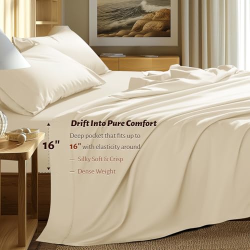 Shilucheng 100% Egyptian Cotton Sheets Set - 1000 Thread Count,Luxury Cotton Bed Sheets,Breathable & Cooling Bedding and Pillow Cases, 16 Inch Deep Pocket - 4 Piece (California King, Beige)