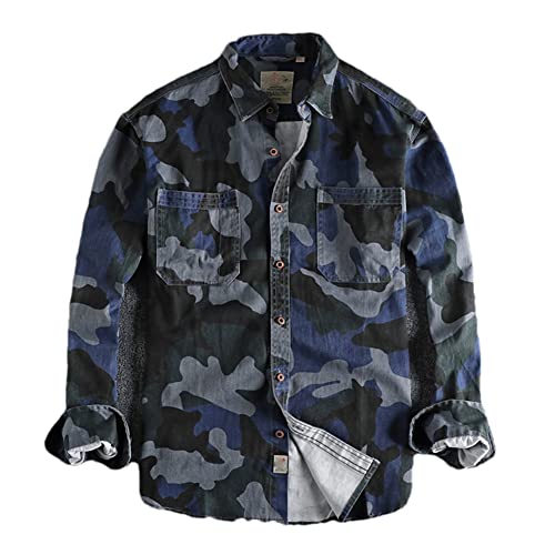 Chemise en coton sergé Vsadsau Camo1 robuste et élégante en bleu 3XL