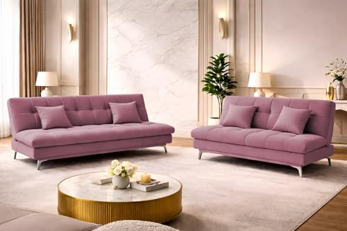 Image of Krancy Solid Wood 3 + 2 Seater Sofa Cum Bed with 2 Cushions | Convertible Wooden Couch for Living Room, Home & Office | Modern Designer Furniture | 3 Years Warranty | Move