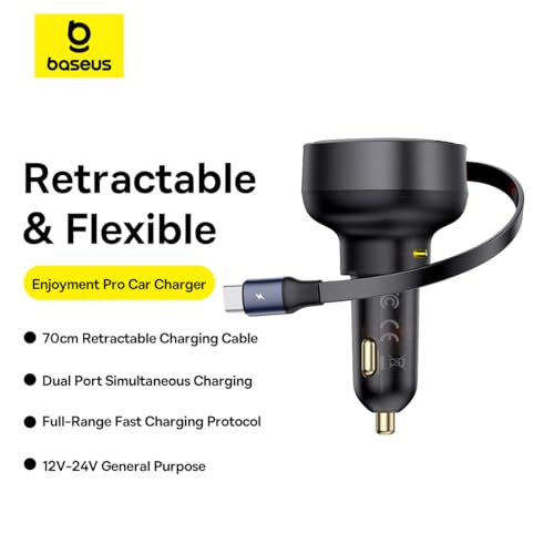 Image of Baseus Enjoyment Pro Car Charger, 60W, Type-C Port with Retractable Cable, Black