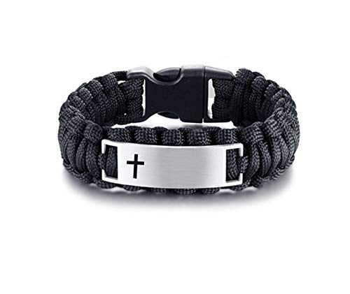 LiFashion LF Mens Stainless Steel Personalized Black Rope Paracord Survival Bracelet,Christ Cross Bible Quote Scripture Cuff Bracelets for Adult Outdoor Hiking Camping Activities,Free Engraving