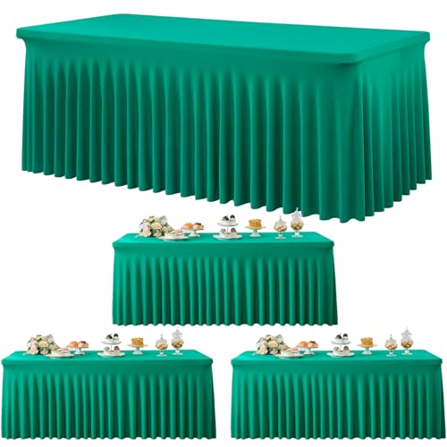 Image of 3 Pack Emerald Green Spandex Tablecloth for 6 Foot Rectangle Tables, Wrinkle Free Fitted Table Cloth Cover 6ft Green Stretchy Tablecloths with Skirt for Parties Weddings Birthday Banquet Baby Shower