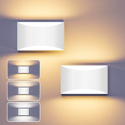 Image of White Modern LED Wall Sconce, 3 Colors Hardwired Wall Sconces Set of 2 | 3000K /4000K /6000K, 10W Up and Down Wall Mount Light with Memory Function, Wall Lamp for Bedroom Living Room Hallway Corridor