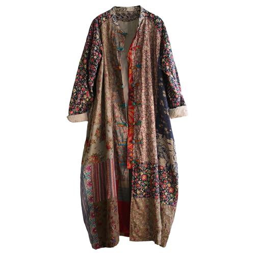 LUZU JUNU Women's Trench Coat Floral Print Long Cotton Linen Jacke Cottagecore Clothing Patchwork Outwear Bohemian unique2