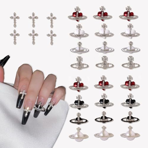 30 PCS Heart Planet Nail Art Charms - Rhinestones Red Black White 3D Cross Saturn Shape Design Shiny Nail Jewelry Acrylic Accessories