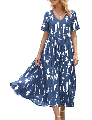 Image of YESNO Women's Summer Maxi Dresses Casual Floral Short Sleeve V Neck Boho Beach Vacation Swing Dress with Pockets EVF