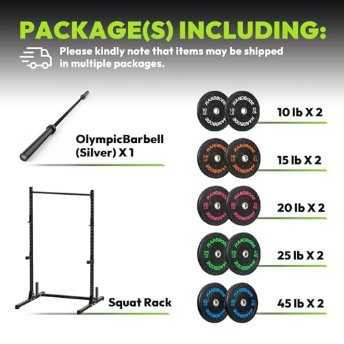 Image of HANDBODE Squat Rack, 7ft Barbell, Weight Plates Set 230 lb, Home Gym Equipment, Black