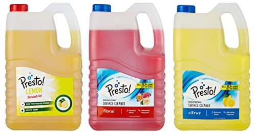Image of Amazon Brand - Presto! Dishwash Gel - 5 L (Lemon) & Disinfectant Surface Cleaner - 5 L (Citrus) & Disinfectant Surface Cleaner - 5 L (Floral)