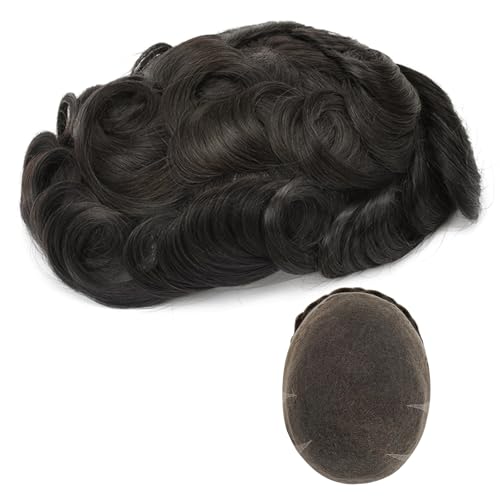Topunique Swiss Lace Remy Human Hair System for Men, 8x10 Inch Size 110% Medium Density Single-Knotted Invisible Hairline Toupee #1B Natural Black