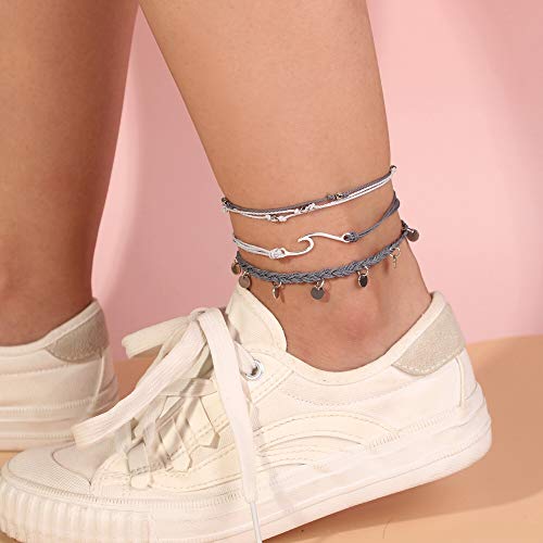 Image of Waterproof String Anklets Cute Beaded Ankle Bracelets Beach Wave Anklet Stainless Steel Coin Boho Ankle Jewelry for Women