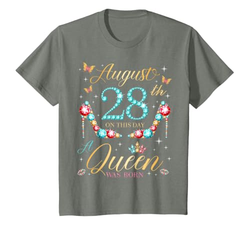 On August 28th A Queen was Born 28th August Birthday T-Shirt, Youth, Olive Heather, Medium