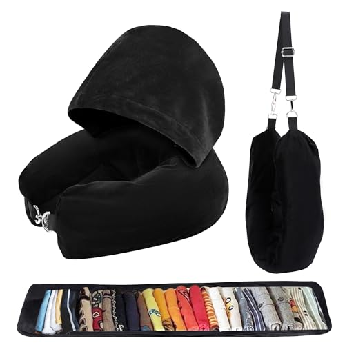 Stuffable Travel Neck Pillow with Hood and Adjustable Size