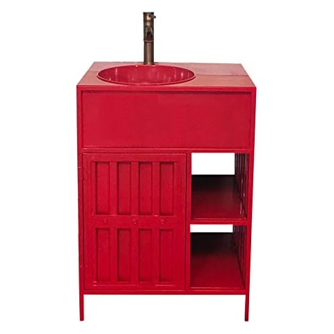 ZTGL 600mm Free Standing Basin Vanity Cabinet Unit, Industrial Style Pedestal Bathroom Sink, Environmentally Friendly Iron Material,Red Cover