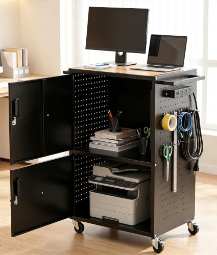 Image of Heavy Duty AV Cart, Projector Media Cart with Lockable Storage Cabinet & Brake Wheels, Steel Rolling Computer Cart with Pegboard, Power Strip, Hooks&Cable Management Hole for School Office Server Room