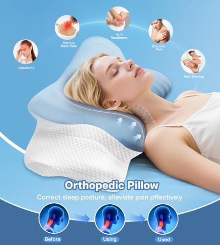 MISSCOZY Ergonomic Pillow for Side Sleeper-Cervical Pillow for Neck Pain,Anti Snore Sleep Apnea,Butterfly Memory Foam Neck Support Side/Back/Stomach Sleepers,Washable Cover Model Number HK30001(Blue) - Image 5