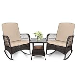 LEVELEVE 3 pcs Rocking Bistro Set Conversation Chairs PE Wicker Outdoor Rocking Chairs(Rocking Set,Sand)
