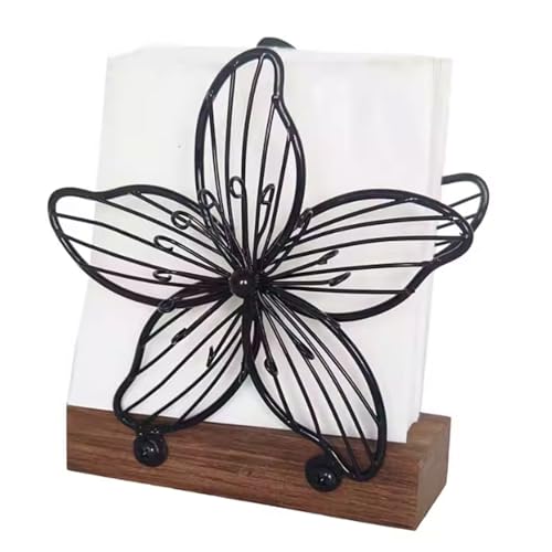Bauhinia Flower Paper Towel Holder Artistic Iron and Wood Napkin Stand Countertops Vertical Tissue Dispenser with Wooden Base �e�B