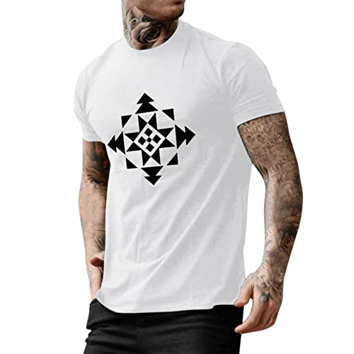 Camiseta de manga corta para hombre, suave, de verano, casual, con estampado étnico, cuello redondo, manga corta, para interiores y exteriores, caminar, deportes, vida diaria, blanco, L