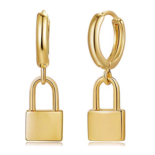 Fettero Lock Earrings Gold Huggie Hoop Padlock Dangle Drop 14K Gold Plated Dainty Minimalist Simple Boho Hypoallergenic Jewelry for Women Men Mother s Day Gift