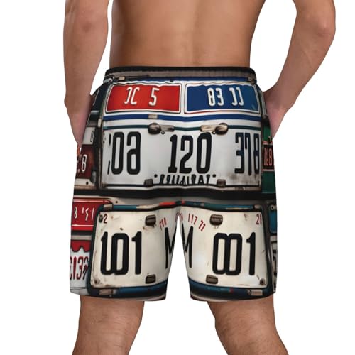 Old License Plate Print Mens Swim Shorts Trunks Inseam Compression Liner Quick Dry Zipper Pocket White4