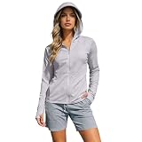 Damen UPF 50+ Sonnenschutz Hoodie Full Zip Laufshirt Langarm Sun Shirt Sportshirt Schnelltrocknend Sportjakce Leichte Atmungsaktive Laufjacke für Running Wandern Outdoor Surfen