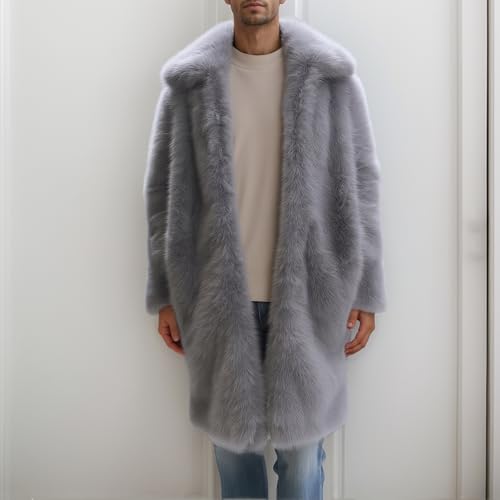 Image of Colf Men's Winter Fluffy Lapel Faux Fur Coat Jacket | Mens Faux Fur Jacket, Winter Long Overcoat, Long Sleeve, Fluffy, Thik Warm