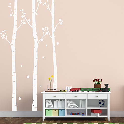 Birch Tree Wall Decal Nursery Set Woodland Vinyl Sticker Removable Branches Art Leaves (3 Trees) #1505 (96" (8ft) Tall, Matte White)