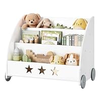WOLTU Children's Bookcase Storage Bookshelf Toy Shelf with Wheels 3 Shelves Children's Room Shelf Multi-Purpose Organizer for Kids, White