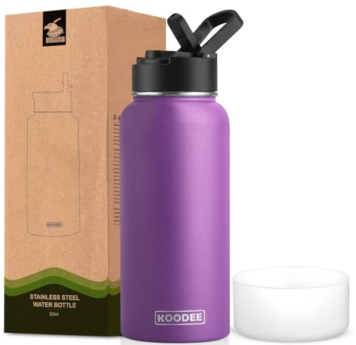 Image of Koodee 32 oz Water Bottle with Wide Handle Straw Lid, Vacuum Insulated 18 /8 Stainless Steel Wide Mouth Flask (Purple)