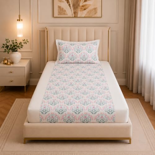 Image of Linen Home Cotton Percale Fitted Bedsheet Set Single Size Sequence Pink
