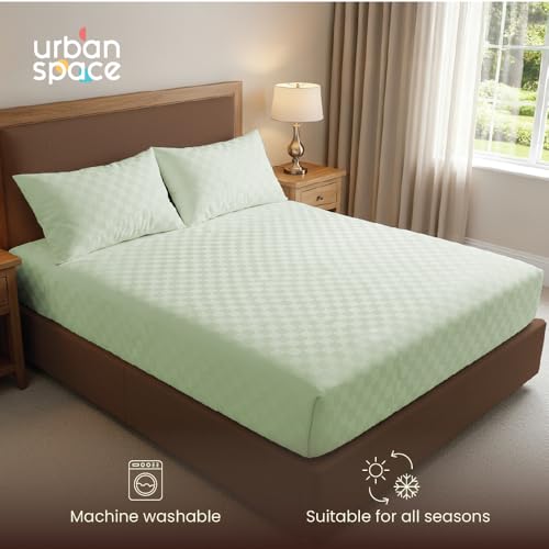 Image of Urban Space 100% Cotton 300TC Jacquard Fitted bedsheets for King Size Bed, Pure Cotton Bedsheet King Bed, Checks Fitted bedsheet King Size with 2 Pillow Covers (72 x 78 Inches, Tea Green Cubes)