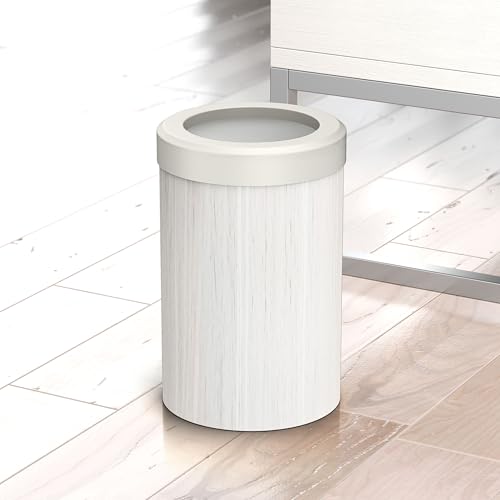 Image of Gatco Small Bathroom Trash Can with Lid, Round 3 Gallon Wastebasket, Under Sink, White Oak with Matte White, for Bathroom, Bedroom, Office (1932W)