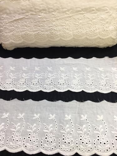 Image of PCJS- White Cotton Schiffli Lace Trim - Wide, Scalloped Embroidered Eyelet Border - Soft & Breathable - Ideal for Sewing, Dresses, Baby Clothes & Crafts (10 Meter)