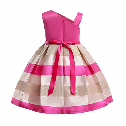 Nssmwttc Children Stripe Pageant Dresses For Girls Off Shoulder Block Color Bowknot Dress (Rose,140) 7-8 Years thumb #1